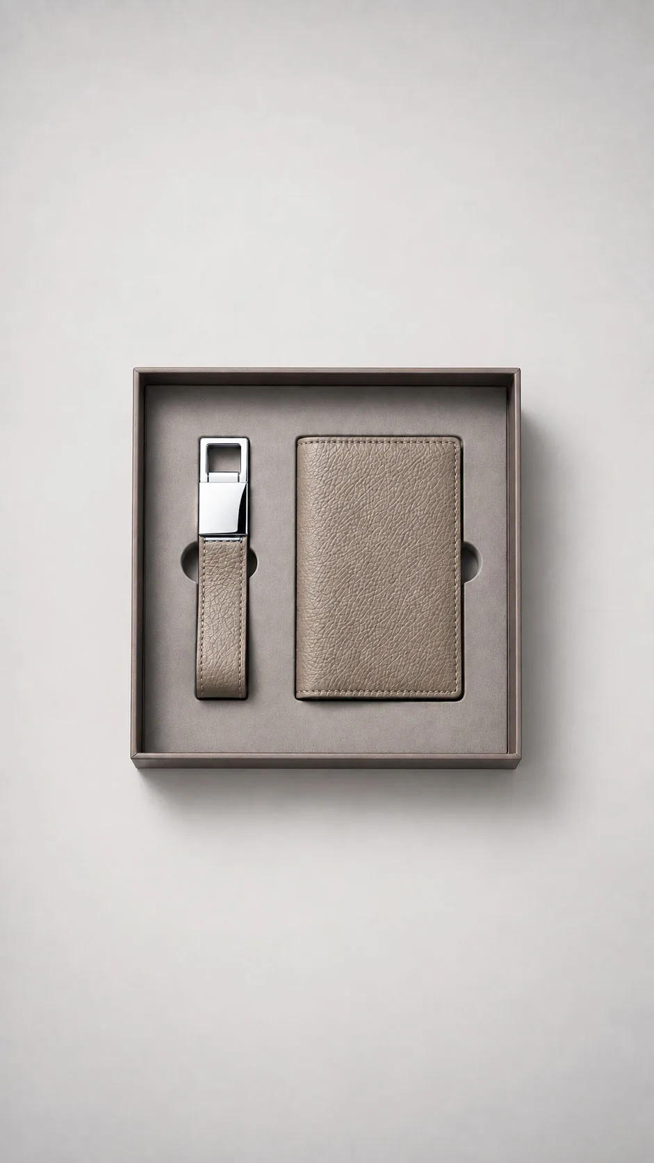 Leather Corporate Gift Set - Leather Card Holder and Leather Keychain Taupe image 1