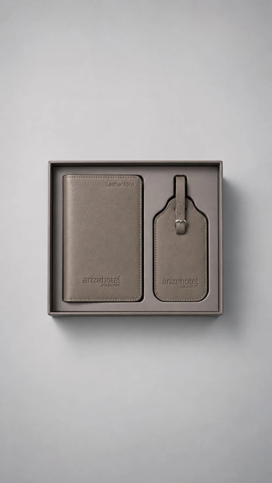Leather Corporate Gift Set - Leather Passport Holder and Leather Luggage Tag Taupe image 1