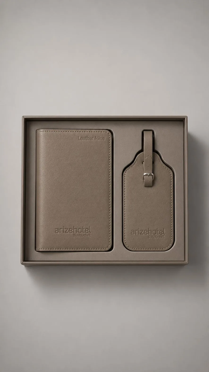 Leather Corporate Gift Set - Leather Passport Holder and Leather Luggage Tag Taupe image 1