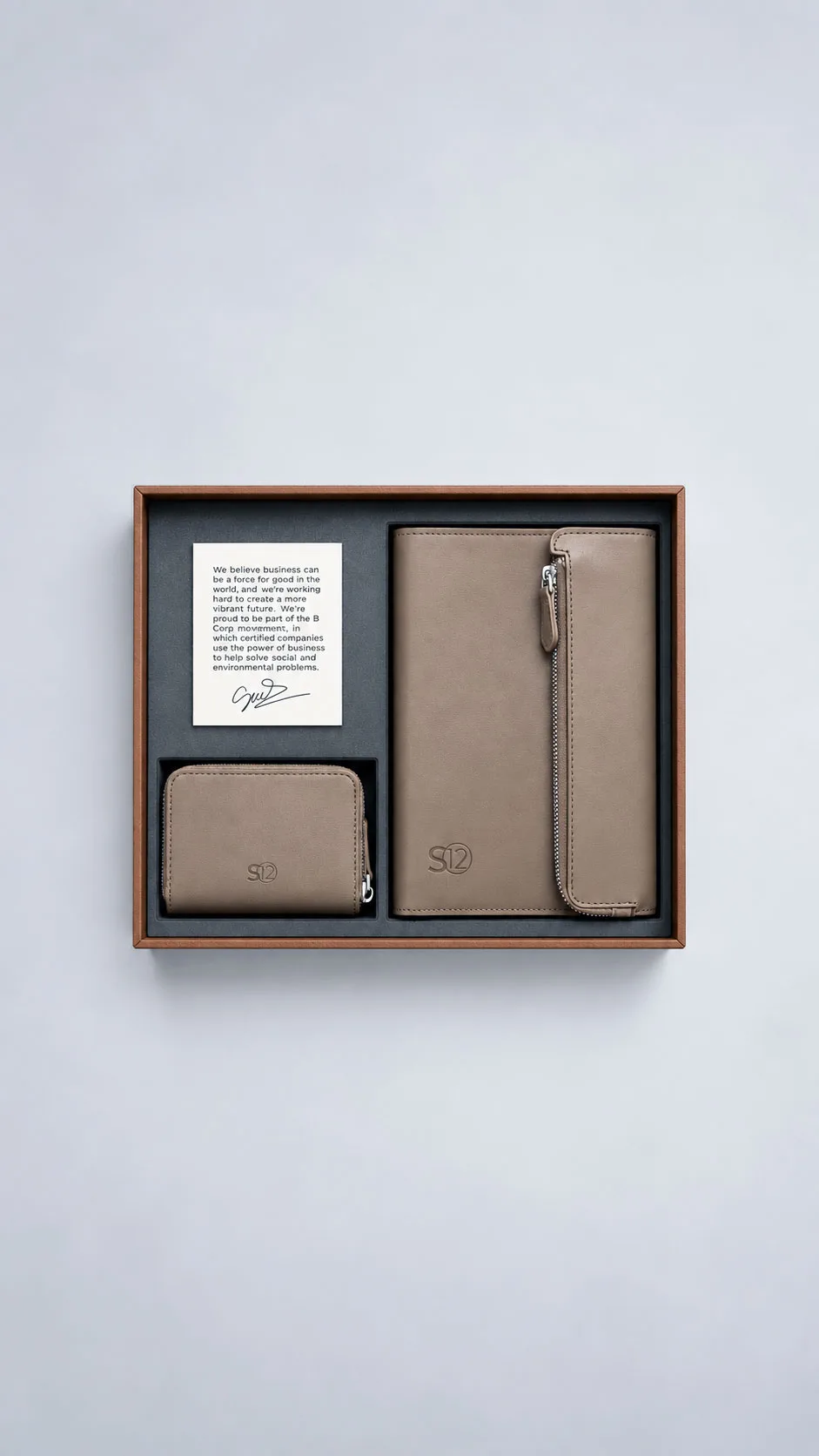 Leather Corporate Gift Set - Leather Folder Organizer and Leather Card Bag Taupe image 1