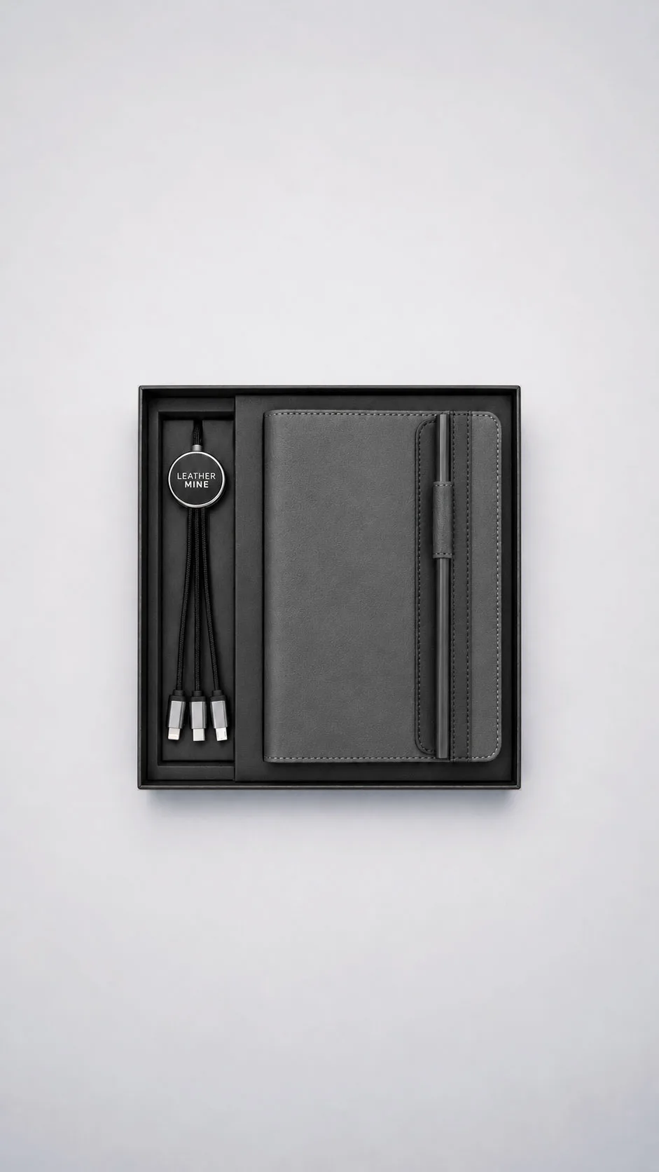 Leather Corporate Gift Set - Leather Notebook with Charging Cable Grey image 1