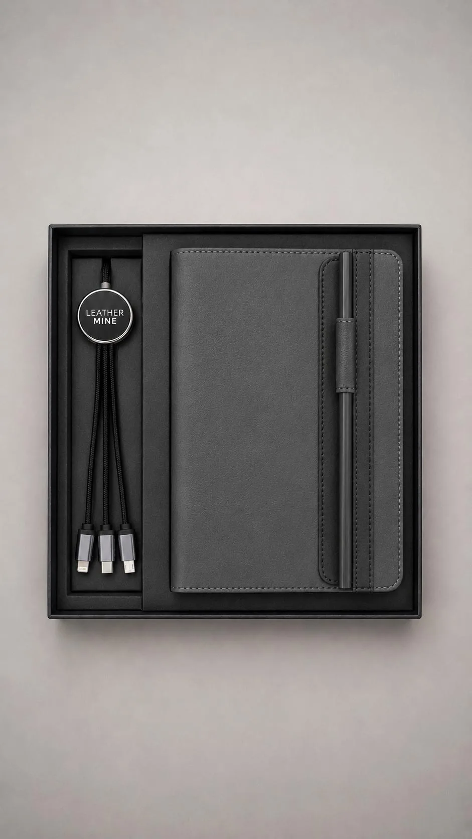 Leather Corporate Gift Set - Leather Notebook with Charging Cable Grey image 1