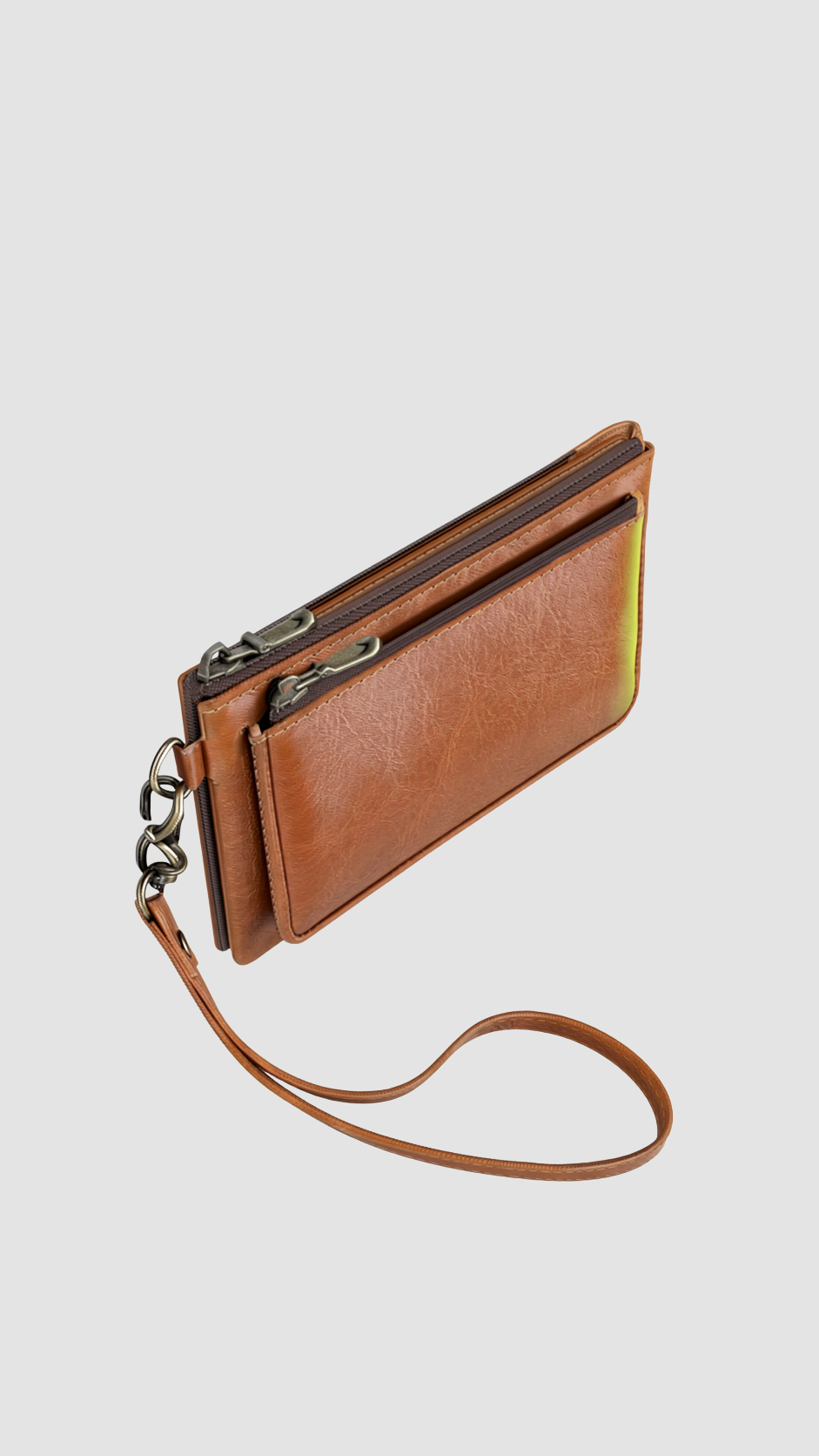 Double zip leather clutch bag 111-3 angled view with wrist strap