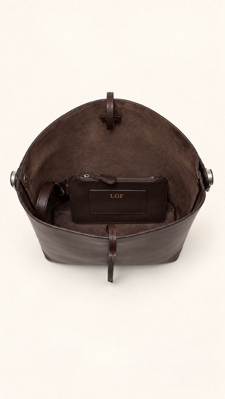 Inside espresso leather tote showing suede-like lining and matching leather zip pouch