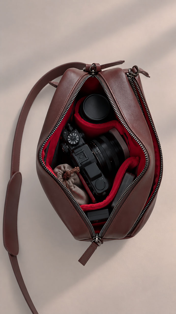 Inside burgundy leather camera bag HB1874 with red padded dividers, mirrorless camera and lens