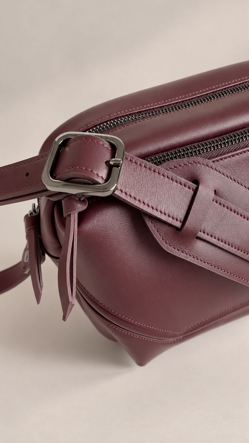 Close-up of adjustable buckle and metal zippers on burgundy leather camera bag HB1874