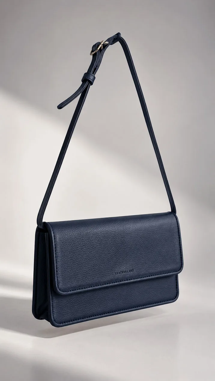 Navy pebbled leather flap bag HB1907, side angle