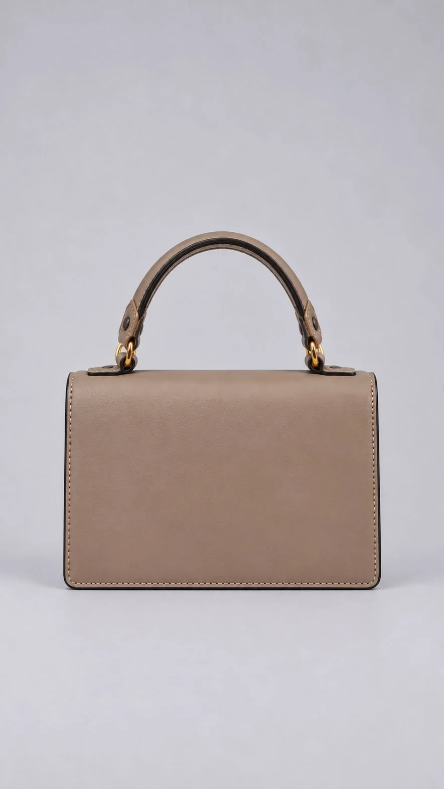 HB0779 minimalist taupe leather structured handbag with top handle, front view