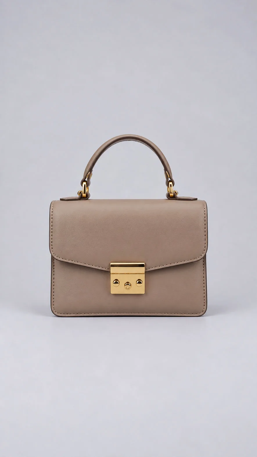 HB0741 taupe genuine leather handbag with gold push-lock clasp and top handle, front view